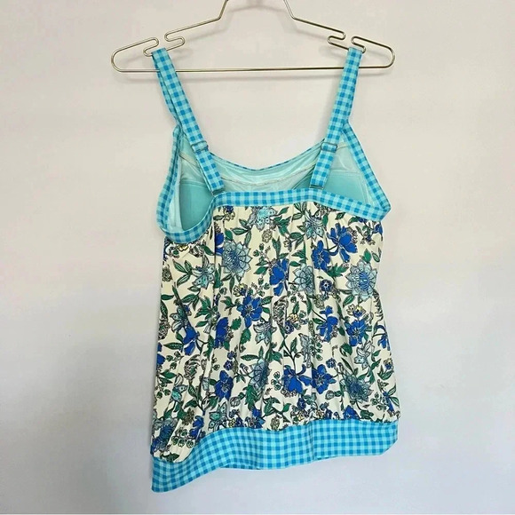 Lands' End Tankini Top Size 12 DD Blouson Lotus Floral/Gingham Swimsuit Blue - Picture 2 of 12